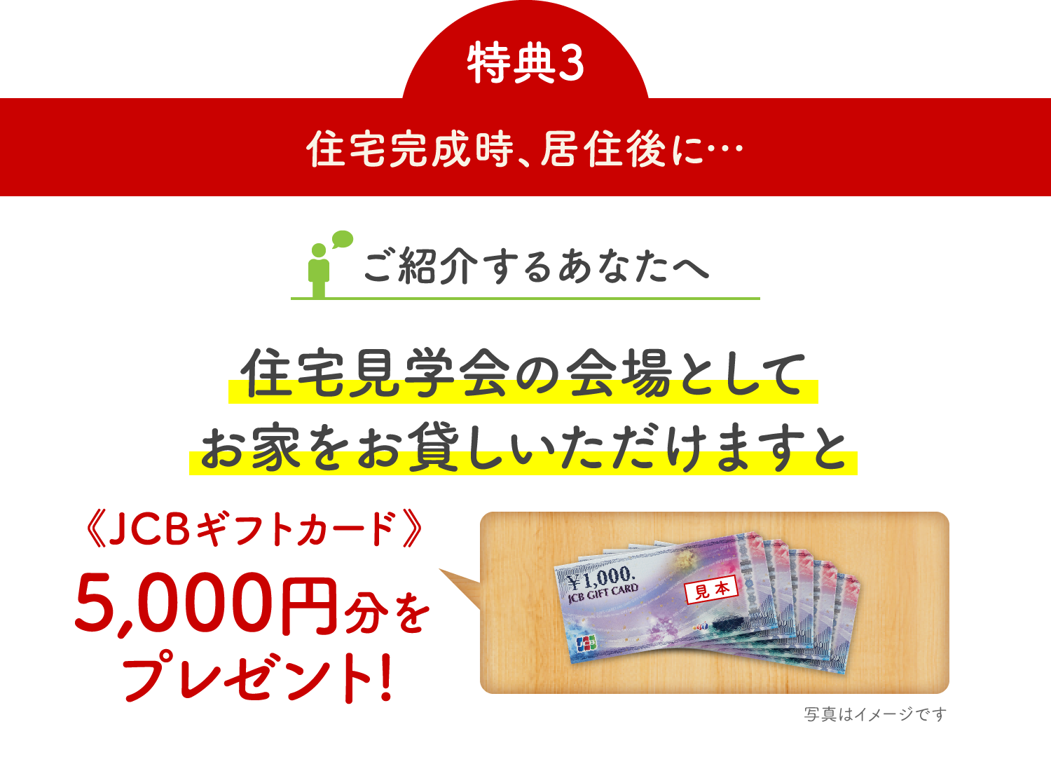特典3 住宅完成時・居住後に… ご紹介するあなたへ 【住宅見学の会場としてお家をお貸しいただけますと】《JCBギフトカード》5,000円分をプレゼント!